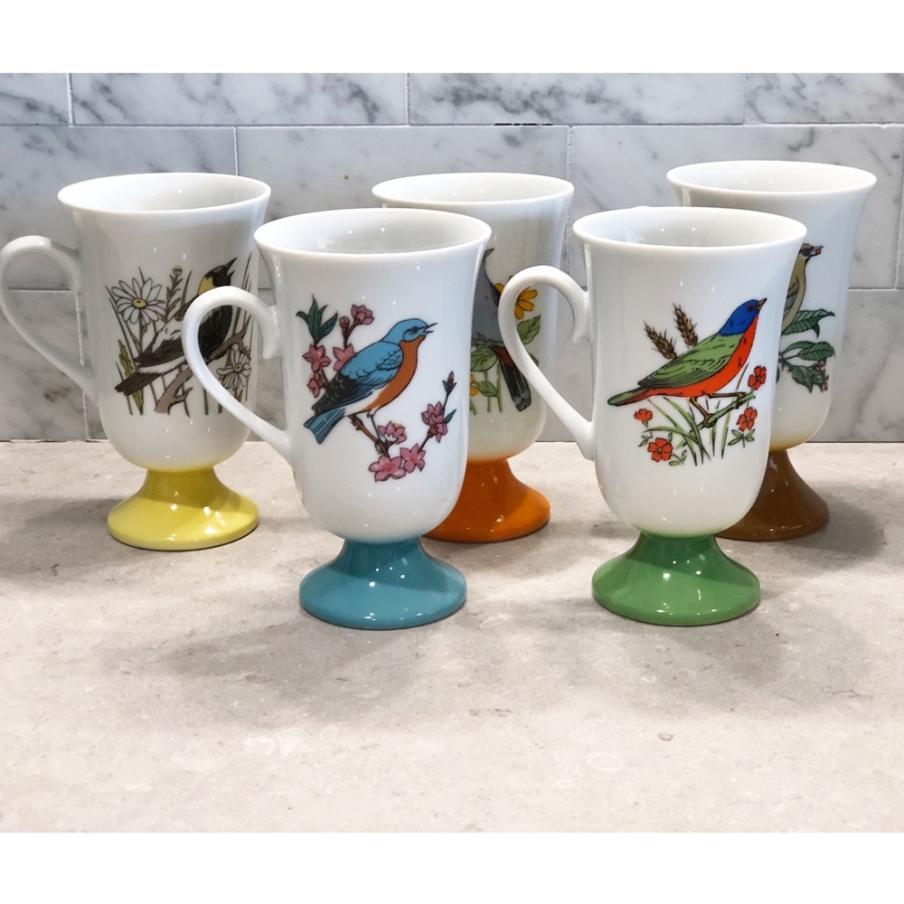 Mid Century Colorful Bird Design Ceramic Footed Mugs Set